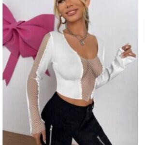 SHEIN White Mesh Long Sleeve Crop Top